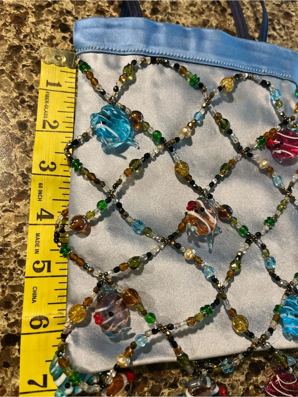 Renaud Pellegrino one of a kind Blue Satin Beaded Fish Charm Pouch